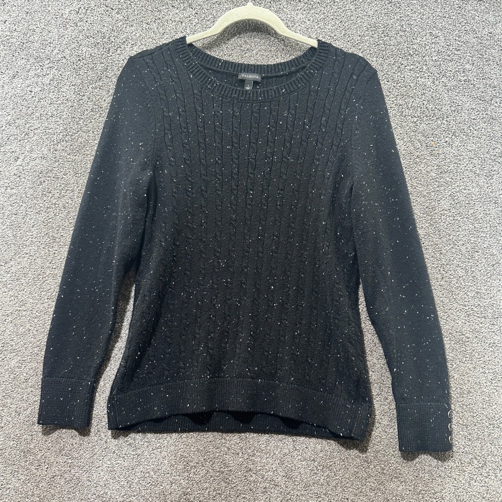 Talbots Pullover Sweater Women Large Black Speckle CableKnit Stretch Cotton